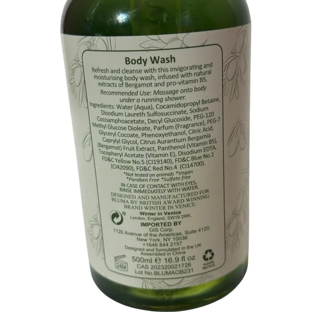 Bluma Olive Bergamot & Oud Vegan Body Wash 16.9 fl oz‎ Pump Bottle